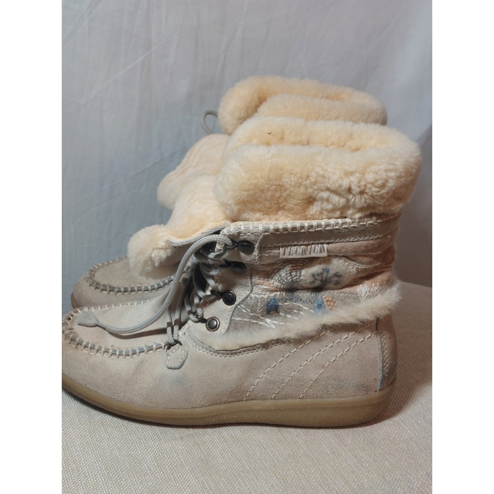 Vintage Tecnica Ski Bunny Snow Boots Cream Suede Fur Embroidered Italy 38 7 7.5